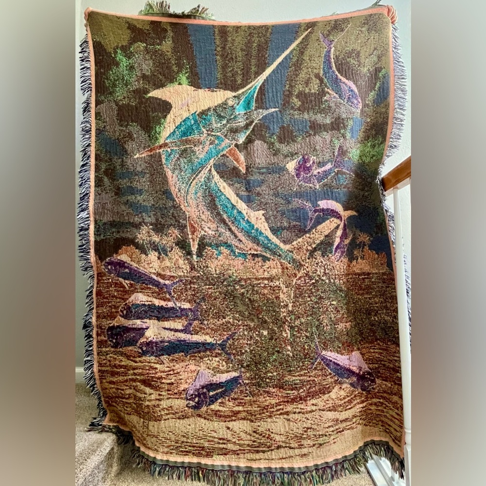 Vintage Guy Harvey Marlin Afghan Tapestry Fringed 48x68 Throw Blanket Rare VTG - Picture 6 of 6